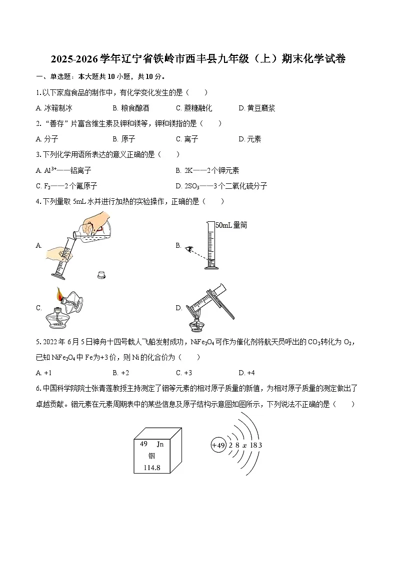 2025-2026学年辽宁省铁岭市西丰县九年级（上）期末化学试卷-自定义类型第1页