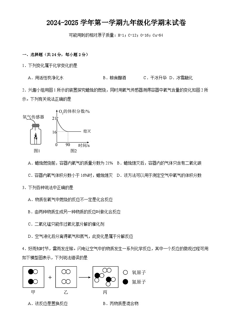 甘肃省武威市凉州区金山镇九年制学校2024-2025学年九年级上学期期末化学试卷-A4第1页