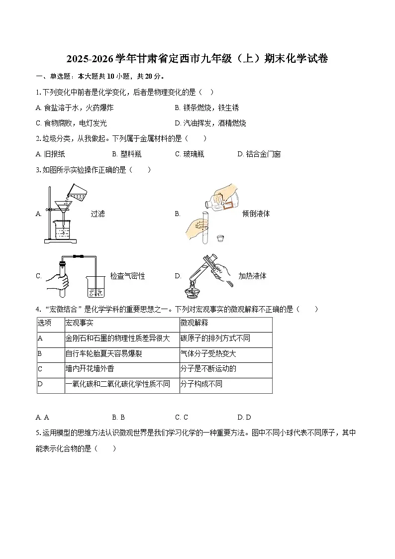 2025-2026学年甘肃省定西市九年级（上）期末化学试卷-自定义类型第1页