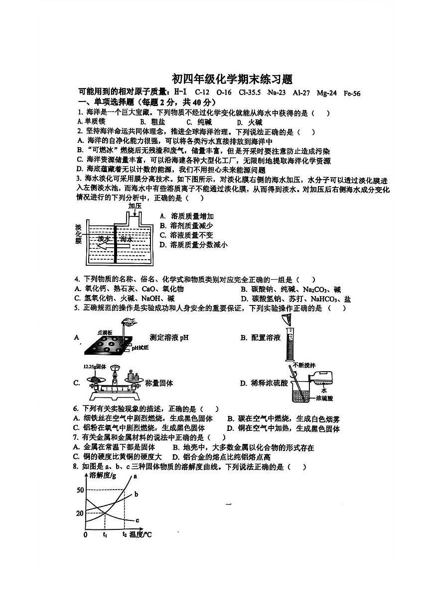 山东省泰安市高新技术产业开发区2025-2026学年九年级上学期1月月考化学试题第1页