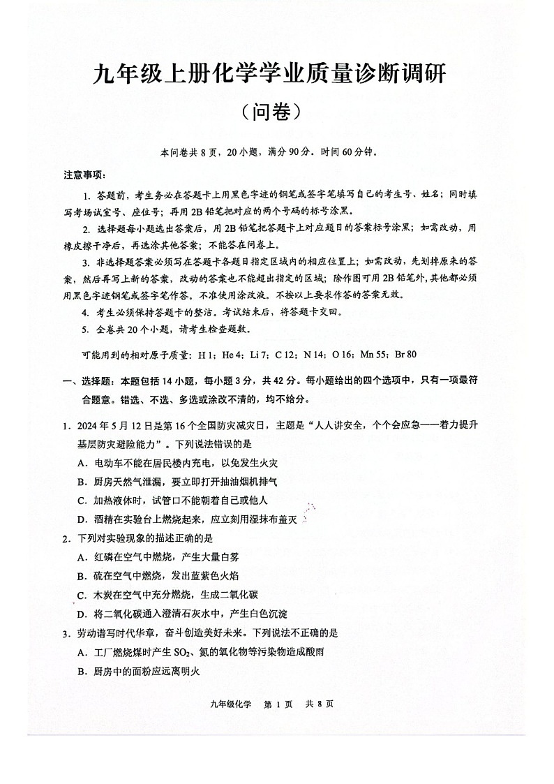 2024-2025学年广东省广州市白云区九年级上学期化学期末考试（含答案）第1页
