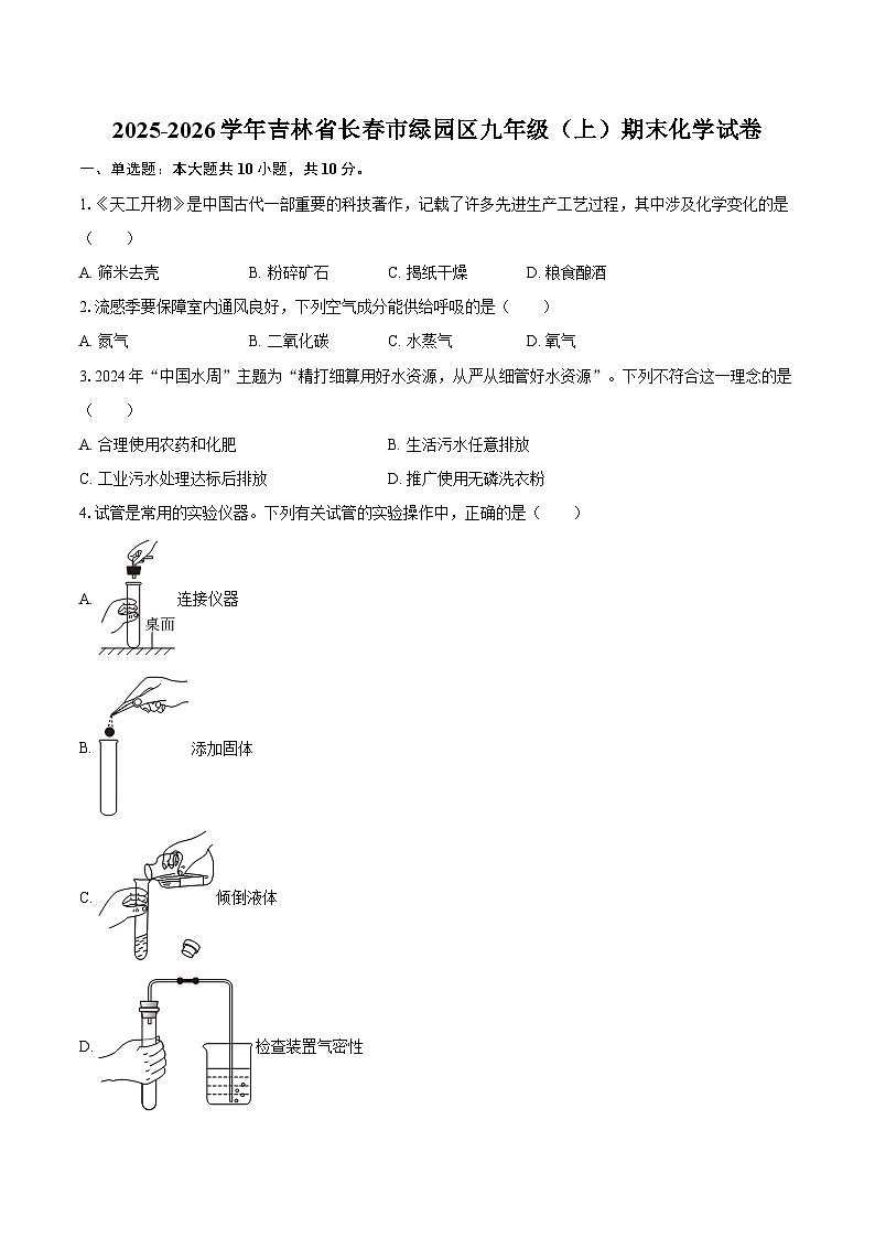 2025-2026学年吉林省长春市绿园区九年级（上）期末化学试卷-自定义类型第1页