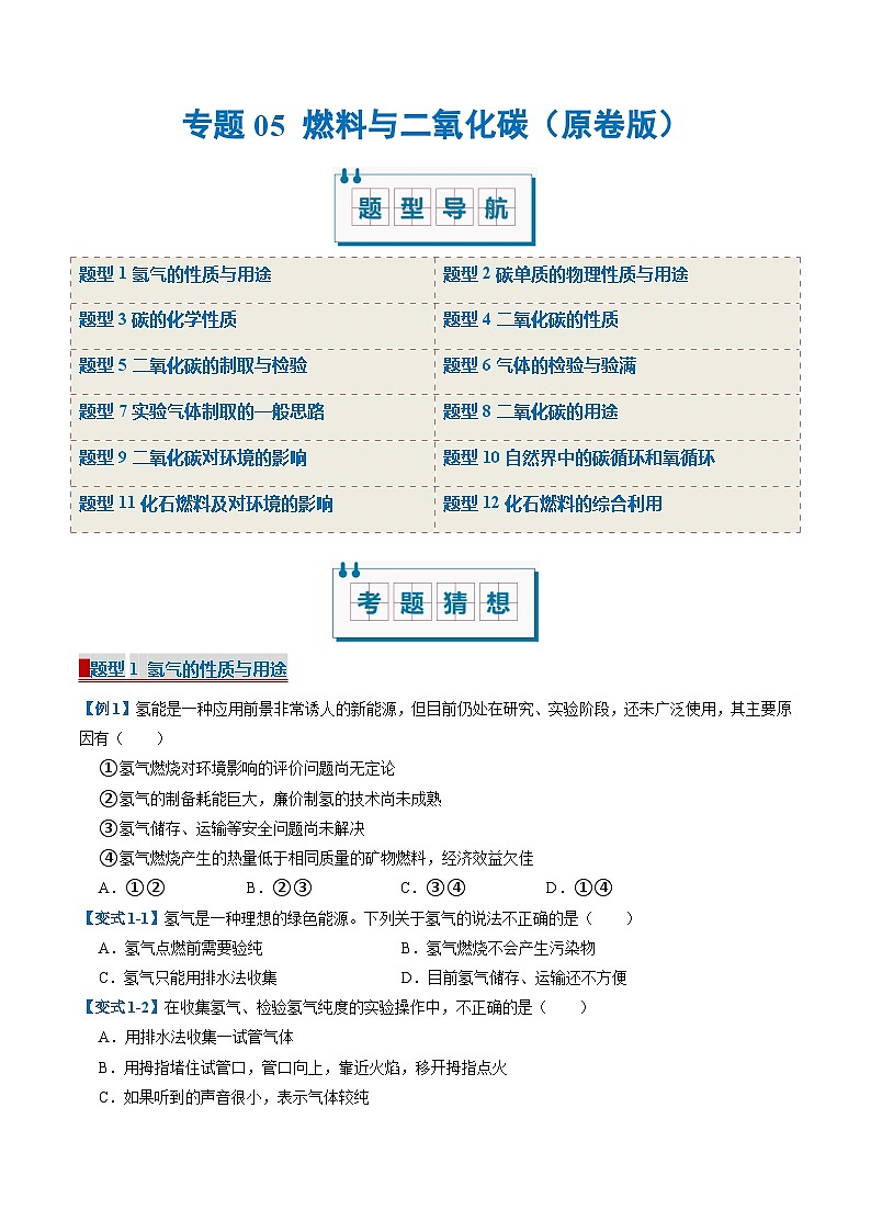 专题05 燃料与二氧化碳（期末复习专项训练）（原卷版）第1页