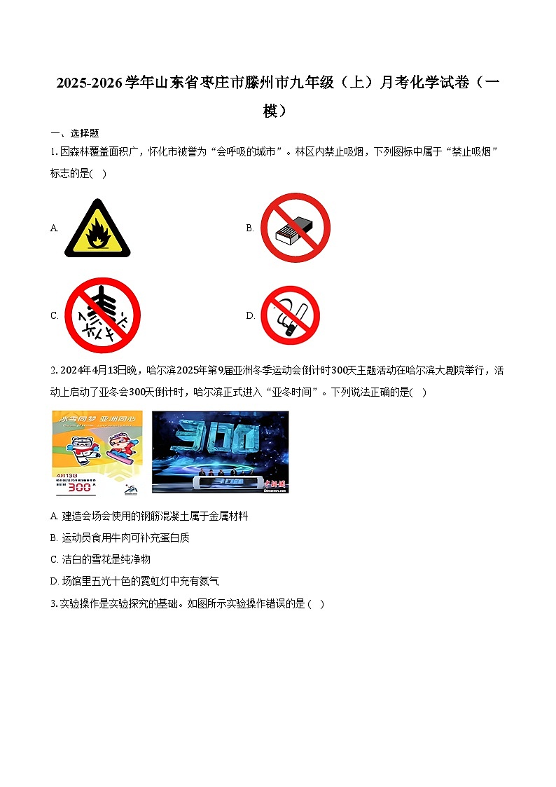 2025-2026学年山东省枣庄市滕州市九年级（上）月考化学试卷（一模）（含答案）第1页