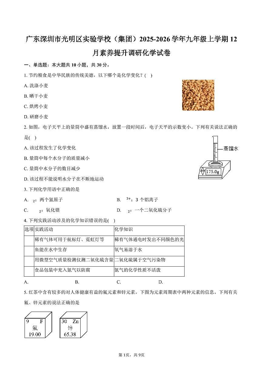 广东深圳市光明区实验学校（集团）2025-2026学年九年级上学期12月素养提升调研化学试卷（含答案）第1页