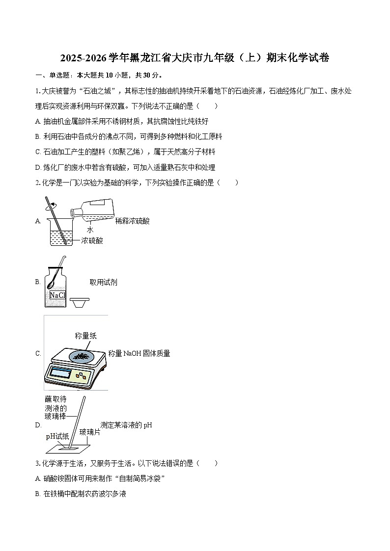 2025-2026学年黑龙江省大庆市九年级（上）期末化学试卷-自定义类型第1页