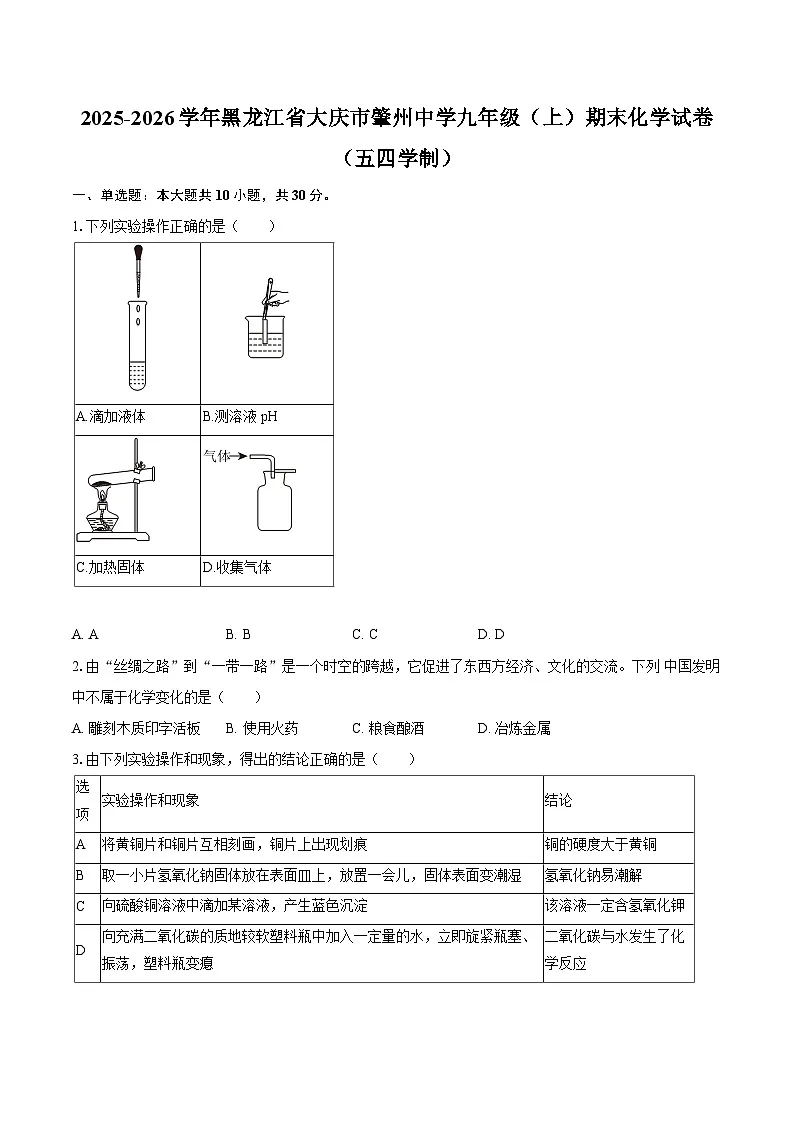 2025-2026学年黑龙江省大庆市肇州中学九年级（上）期末化学试卷（五四学制）-自定义类型第1页