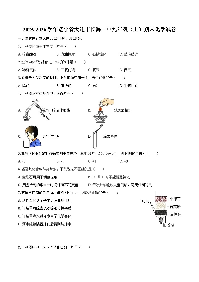 2025-2026学年辽宁省大连市长海一中九年级（上）期末化学试卷-自定义类型第1页