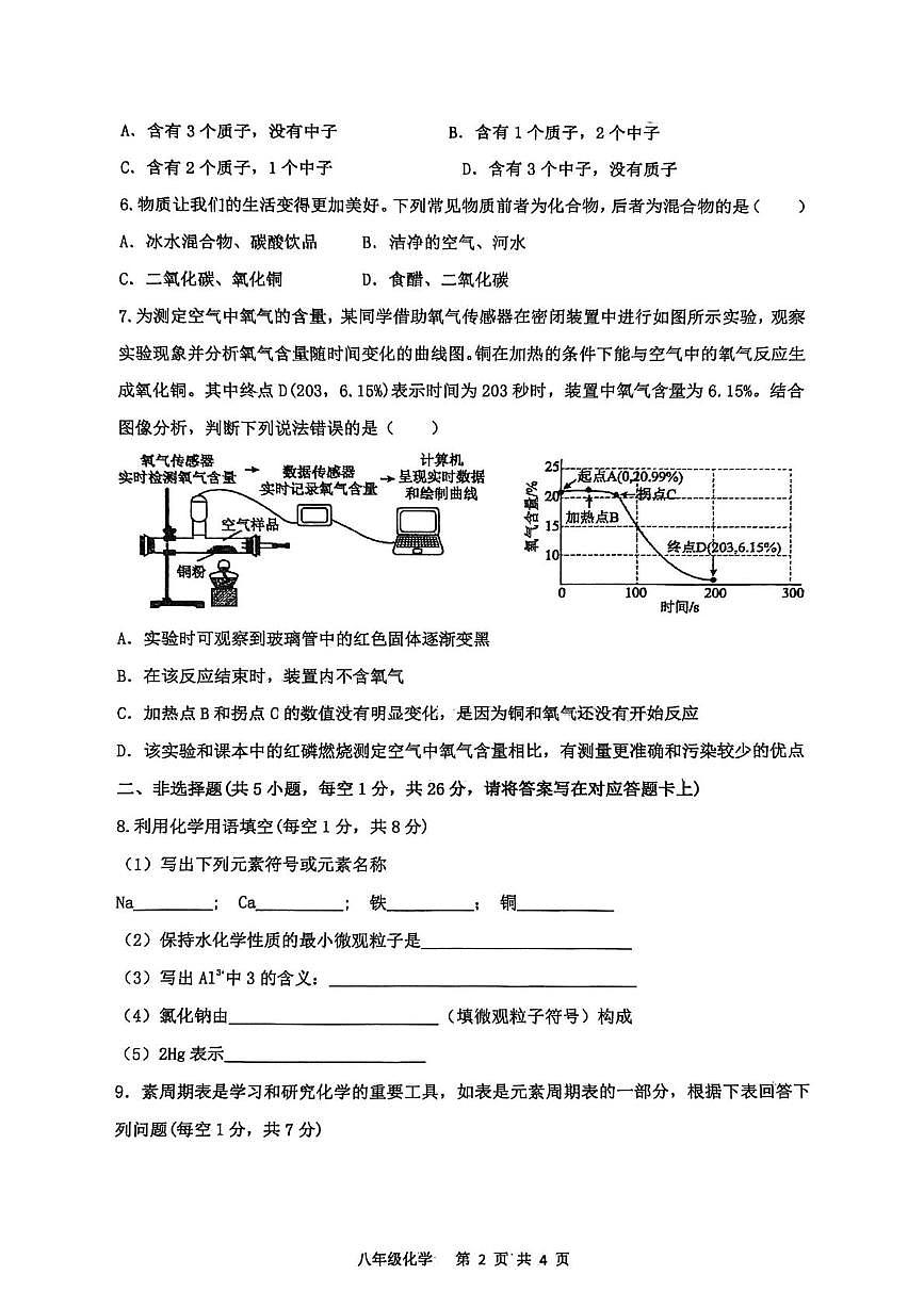 内蒙古自治区乌兰察布市集宁区亿利东方学校等三校2025-2026学年八年级上学期1月期末化学试题第2页