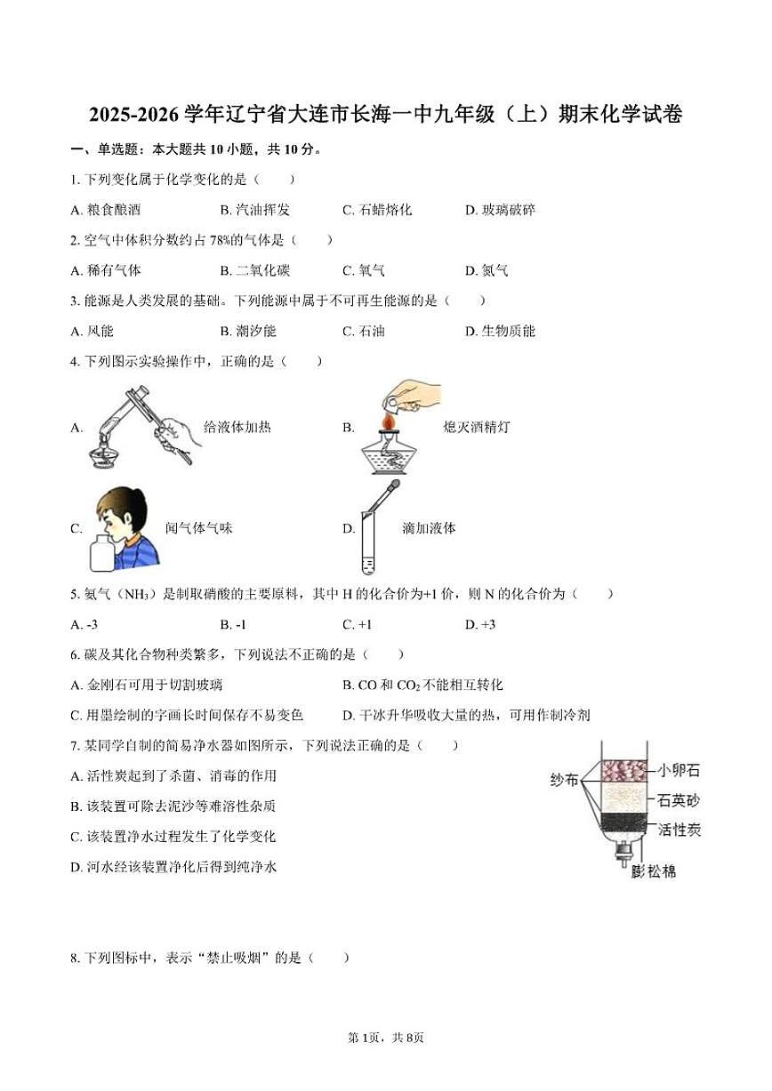 2025-2026学年辽宁省大连市长海一中九年级（上）期末化学试卷（含答案）第1页