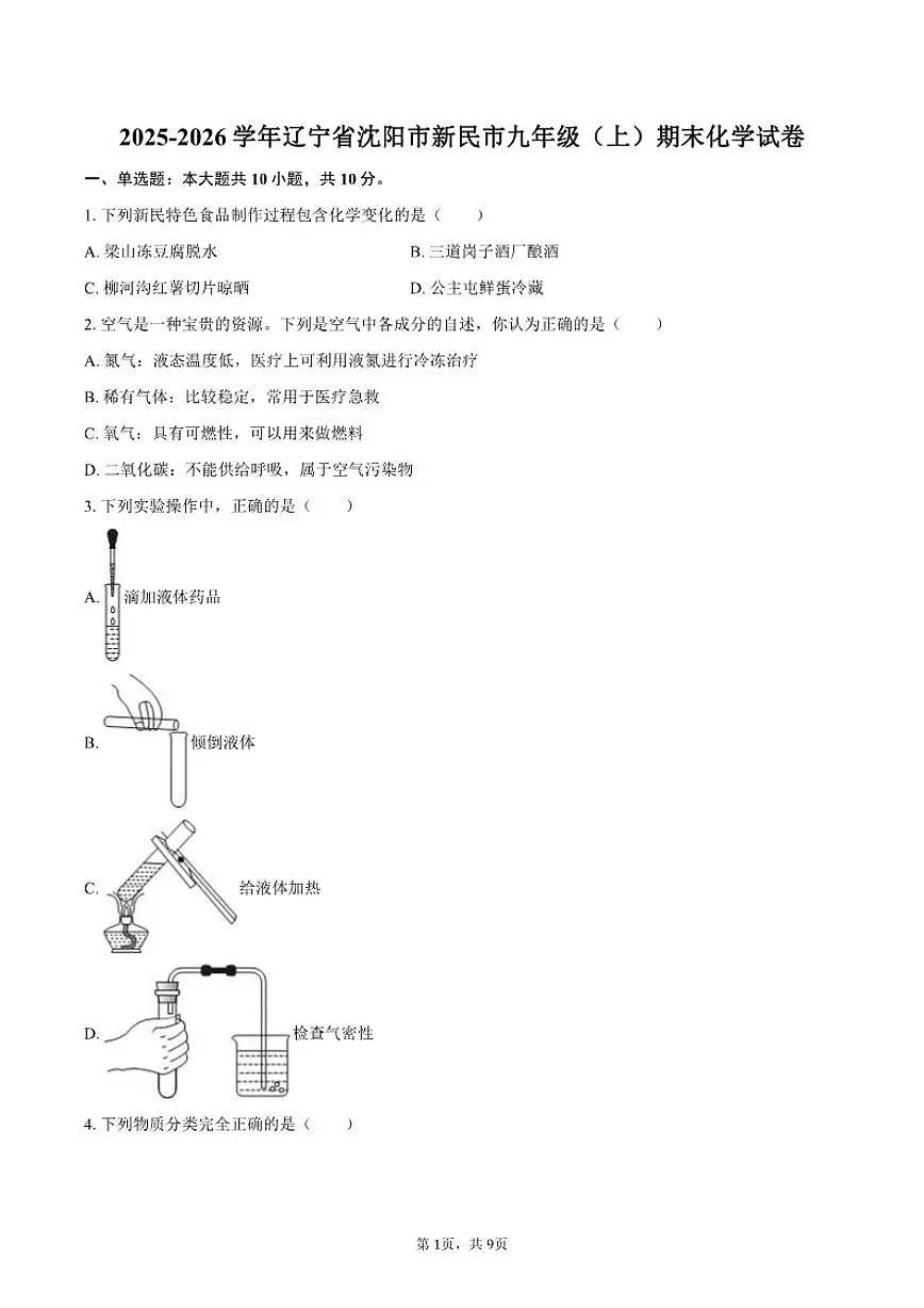 2025-2026学年辽宁省沈阳市新民市九年级（上）期末化学_(含答案_)试卷第1页
