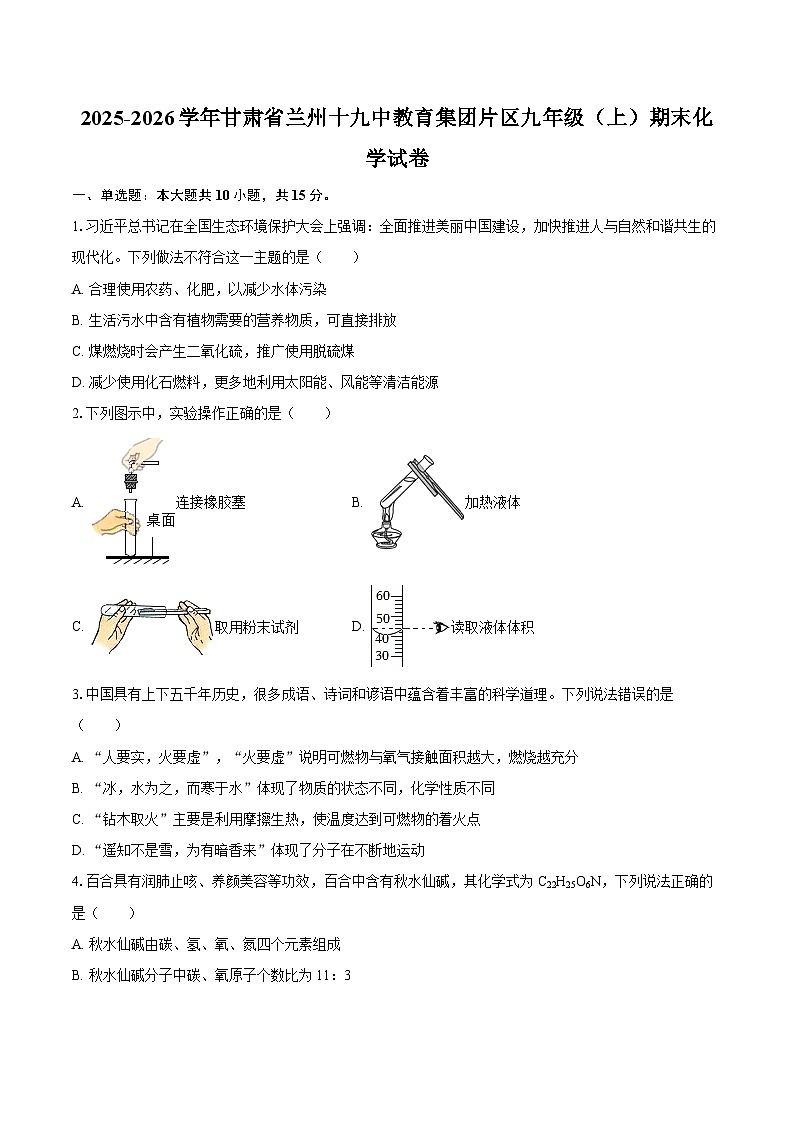 2025-2026学年甘肃省兰州十九中教育集团片区九年级（上）期末化学试卷-自定义类型第1页