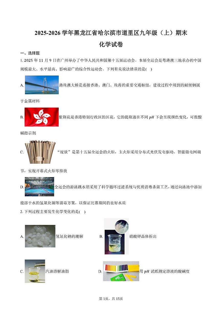 2025-2026学年黑龙江省哈尔滨市道里区九年级（上）期末化学试卷（五四学制）（有答案）第1页