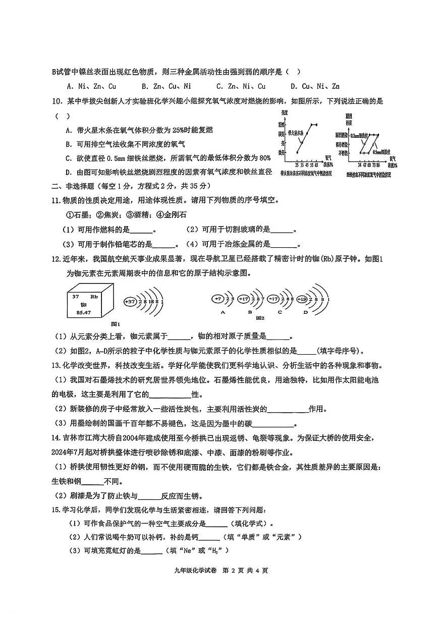 2025-2026学年吉林省九年级上学期期末教学质量检测化学试题（有答案）第2页