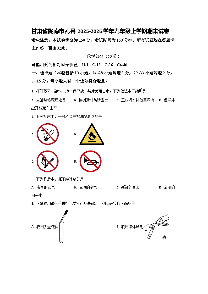 2025-2026学年甘肃省陇南市礼县九年级上学期期末化学试卷（学生版）第1页