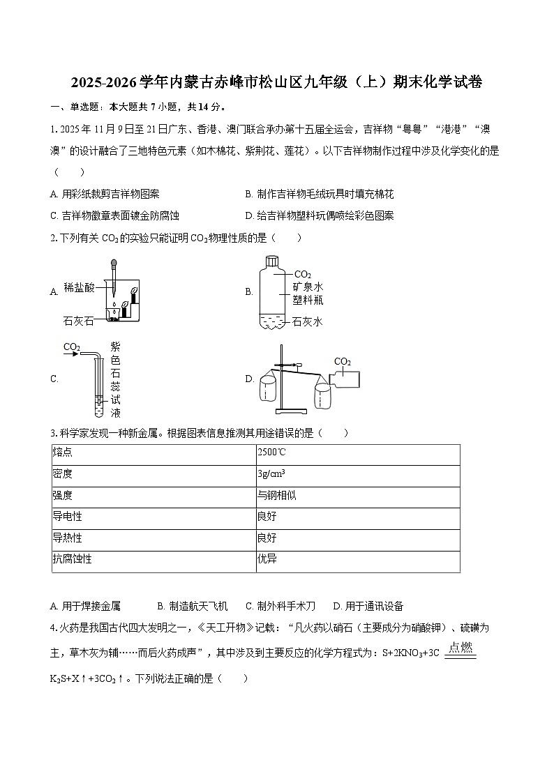 2025-2026学年内蒙古赤峰市松山区九年级（上）期末化学试卷-自定义类型第1页