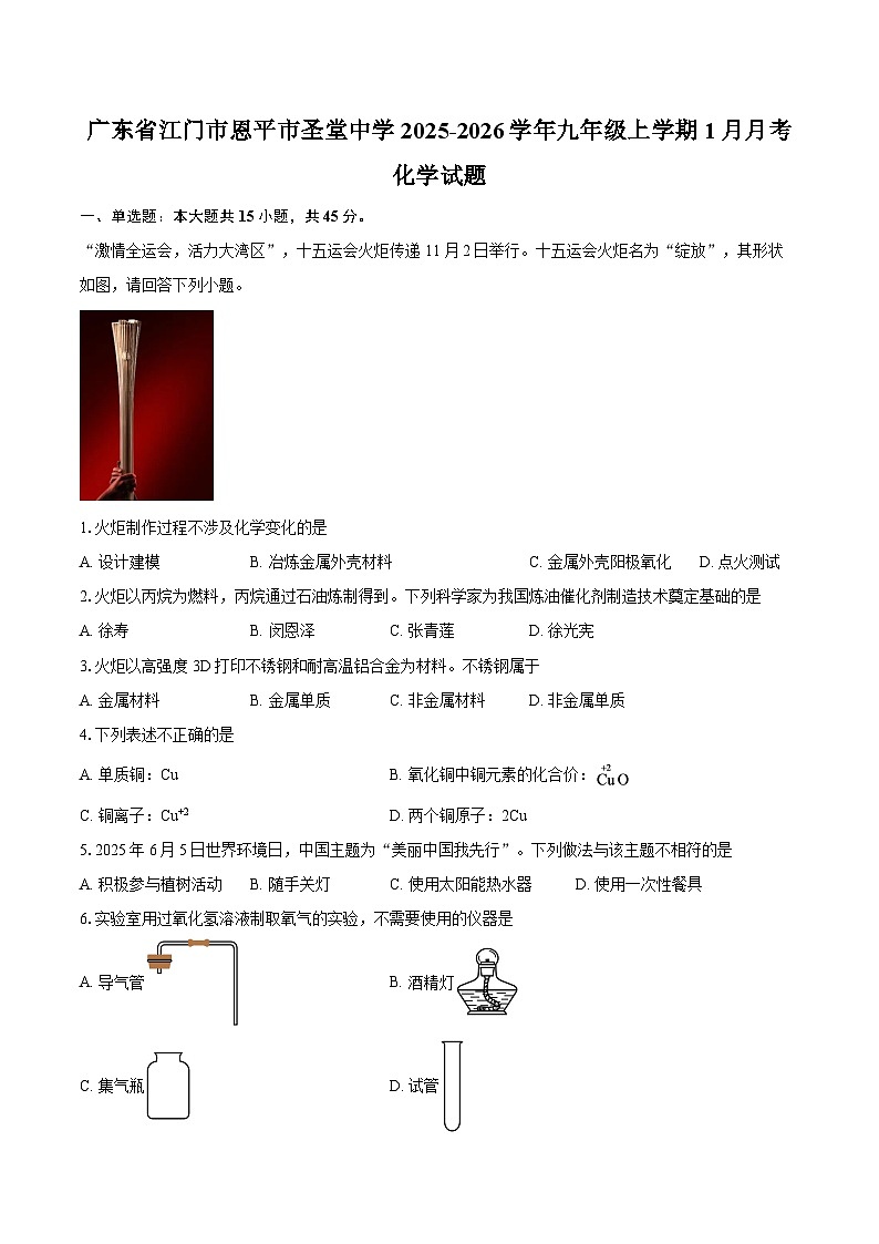 广东省江门市恩平市圣堂中学2025-2026学年九年级上学期1月月考化学试题-自定义类型第1页
