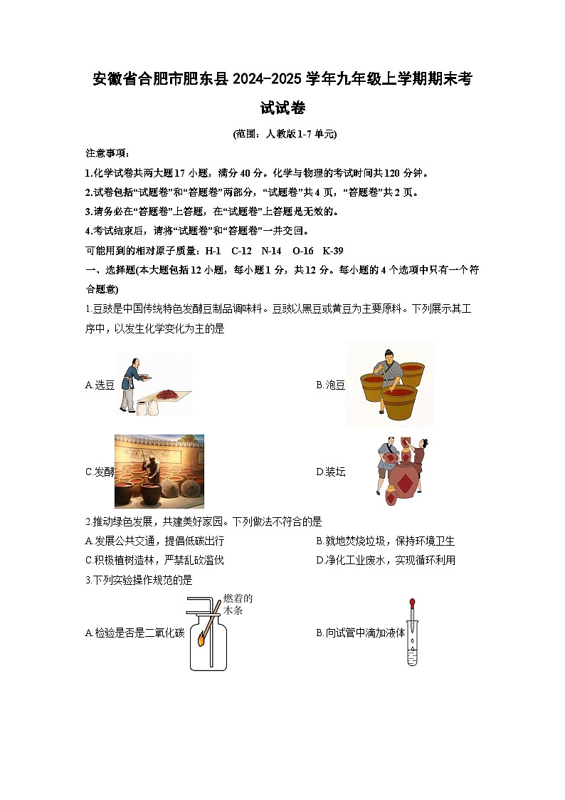 2024-2025学年安徽省合肥市肥东县九年级上学期期末考试化学试卷（学生版）第1页