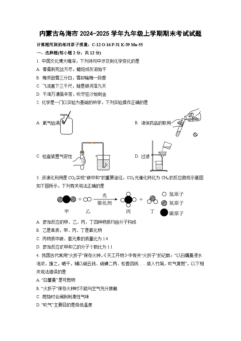 2024-2025学年内蒙古乌海市九年级上学期期末考试化学试卷（学生版）第1页
