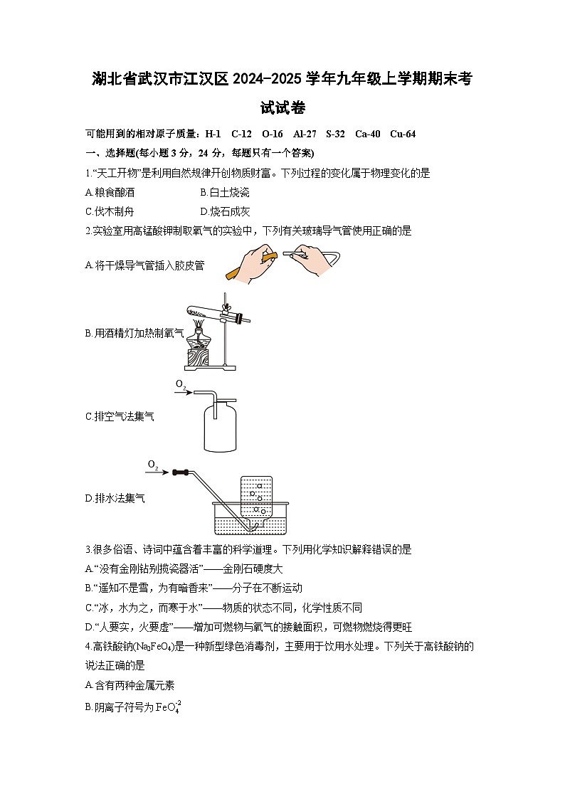 2024-2025学年湖北省武汉市江汉区九年级上学期期末考试化学试卷（学生版）第1页