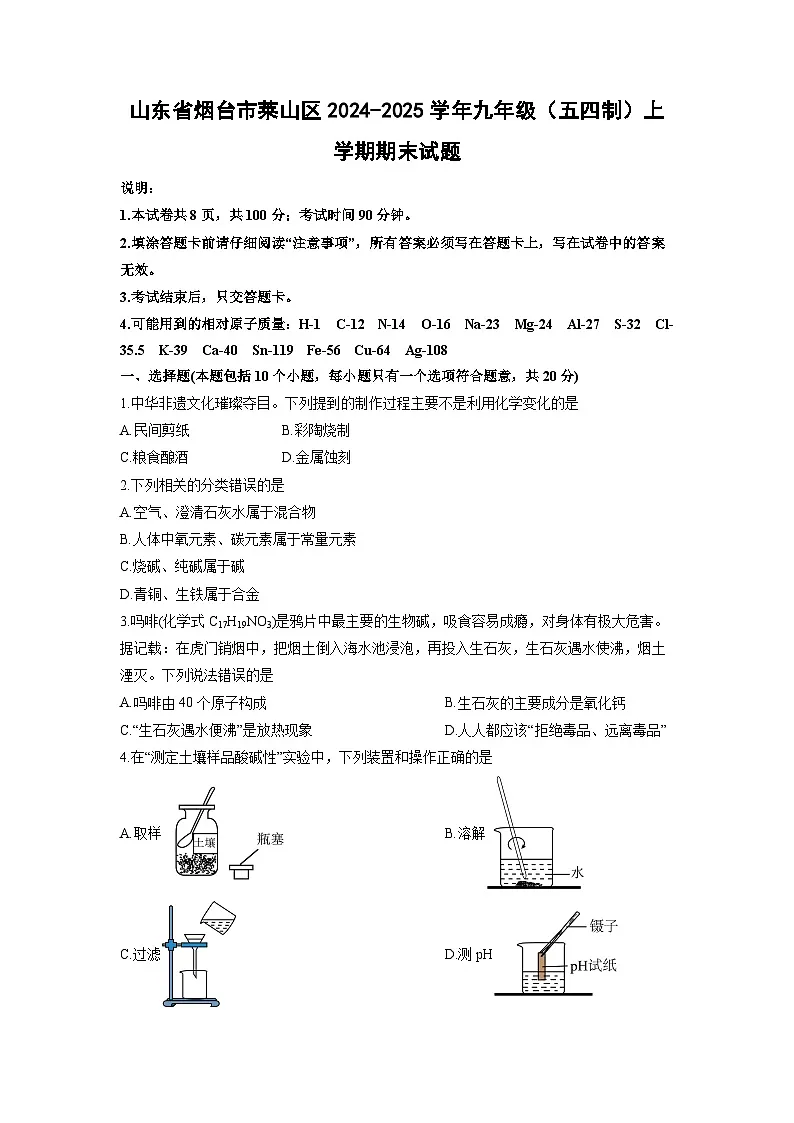 2024-2025学年山东省烟台市莱山区九年级（五四制）上学期期末化学试卷（学生版）第1页
