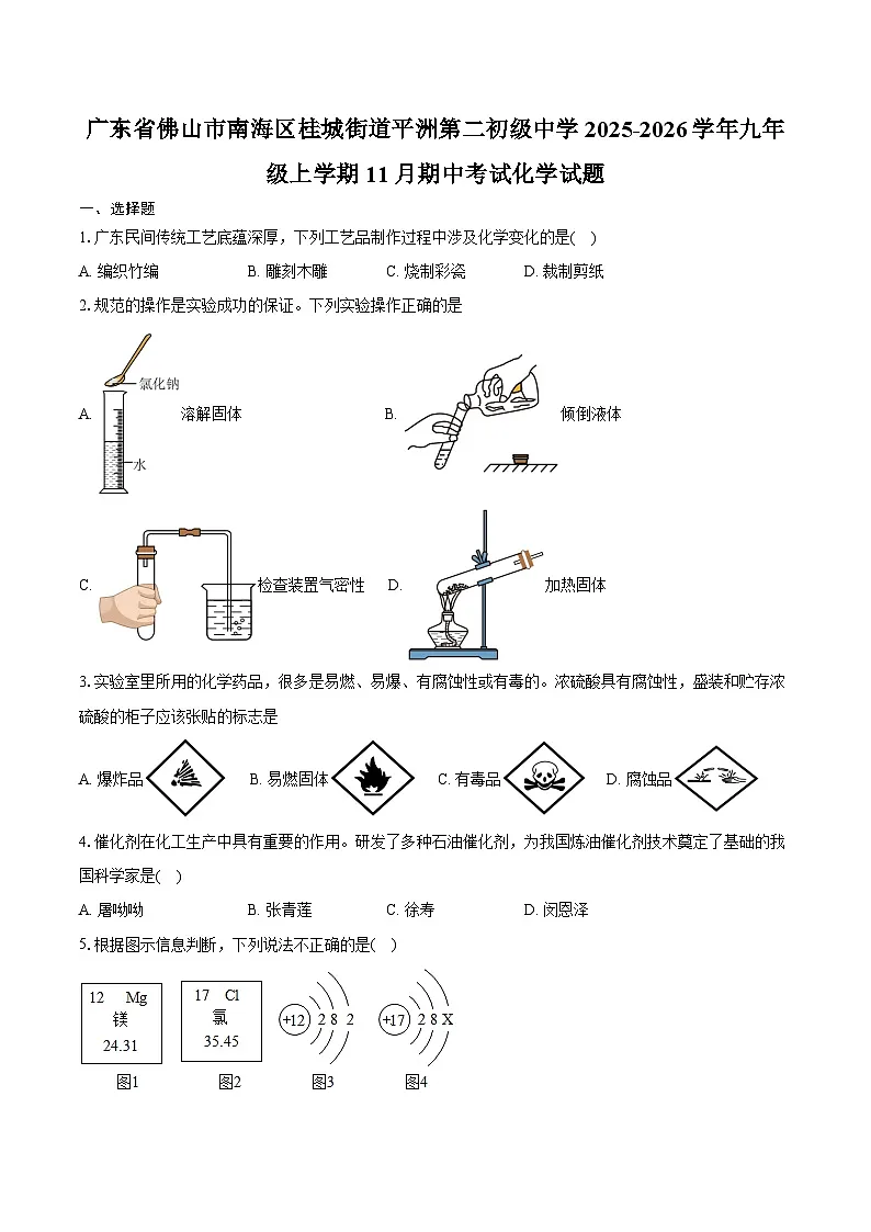 广东省佛山市南海区桂城街道平洲第二初级中学2025-2026学年九年级上学期11月期中考试化学试卷（含答案）第1页