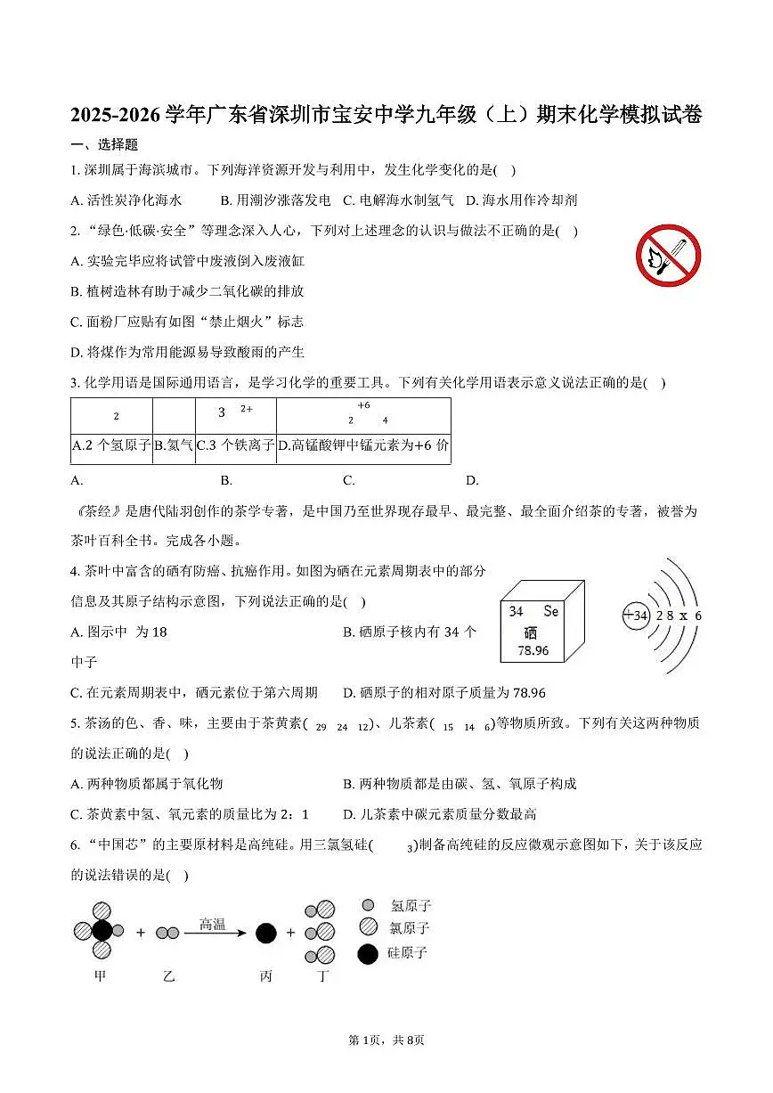 2025-2026学年广东省深圳市宝安中学九年级（上）期末化学模拟试卷（含答案）第1页