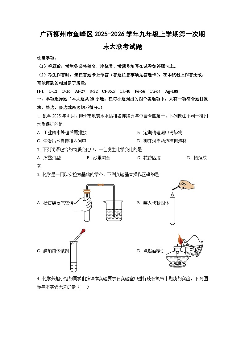 2025-2026学年广西柳州市鱼峰区九年级上学期第一次期末大联考化学试卷（学生版）第1页