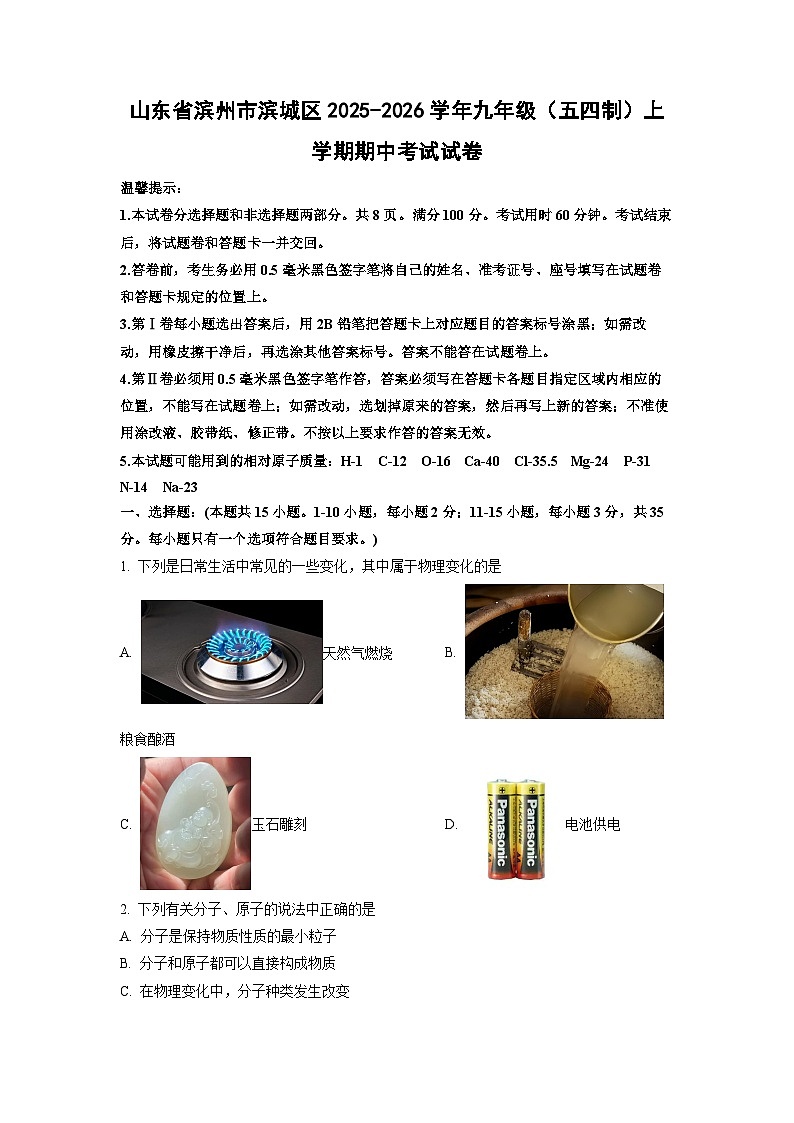 2025-2026学年山东省滨州市滨城区九年级（五四制）上学期期中考试化学试卷（学生版）第1页