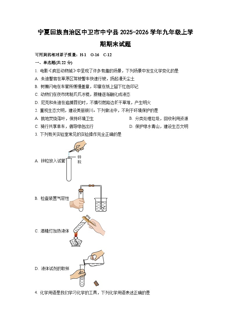2025-2026学年宁夏回族自治区中卫市中宁县九年级上学期期末化学试卷（学生版）第1页