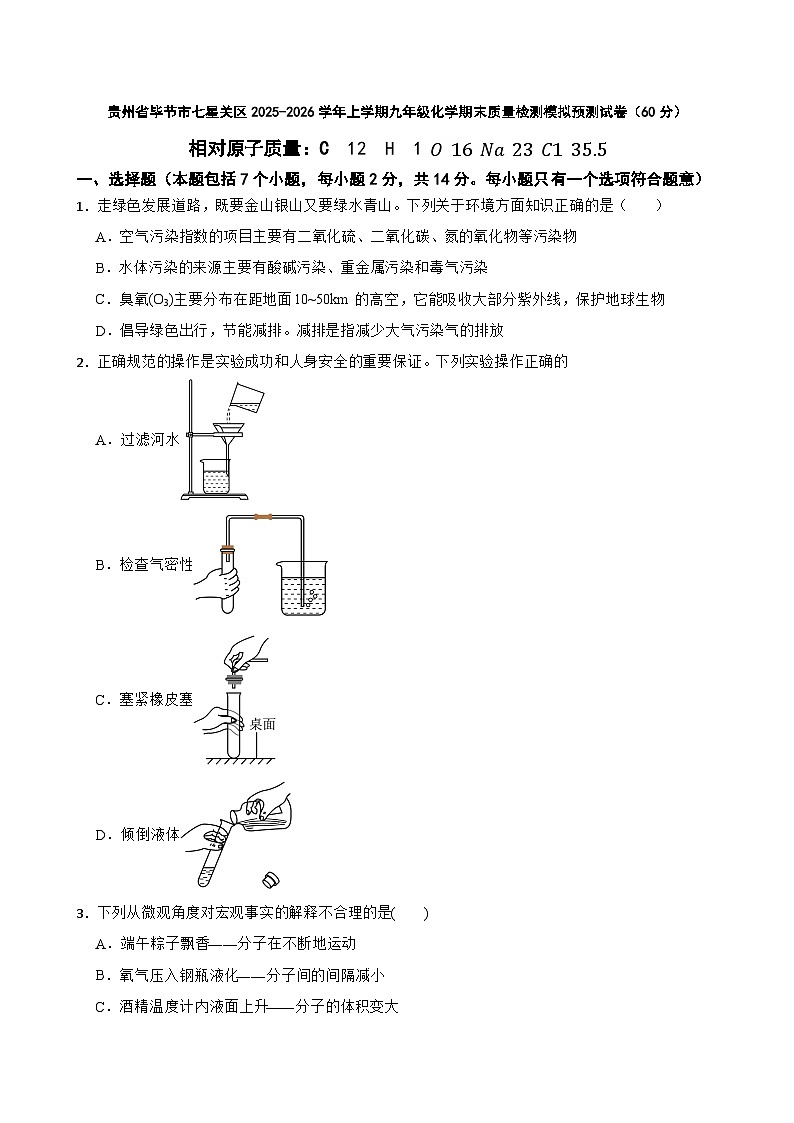 贵州省毕节市七星关区2025-2026学年上学期九年级化学期末质量检测模拟预测试卷（60分）第1页