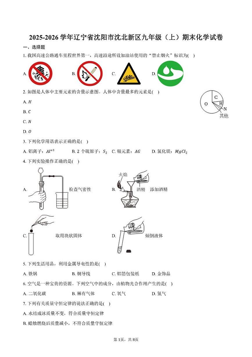 2025-2026学年辽宁省沈阳市沈北新区九年级（上）期末化学试卷（有答案）第1页