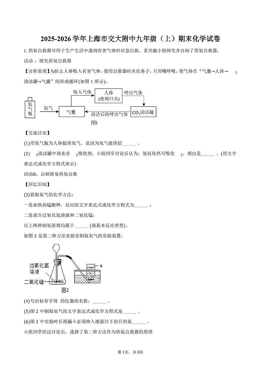 2025-2026学年上海市交大附中九年级（上）期末化学试卷（含答案）第1页