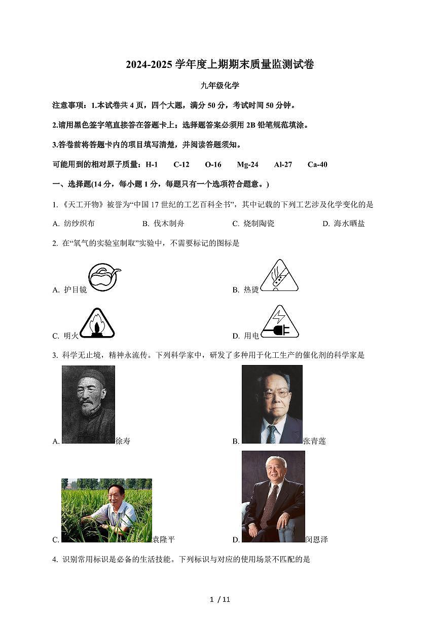 河南省信阳市罗山县2025届九年级上学期1月期末考试化学试题（含答案）第1页