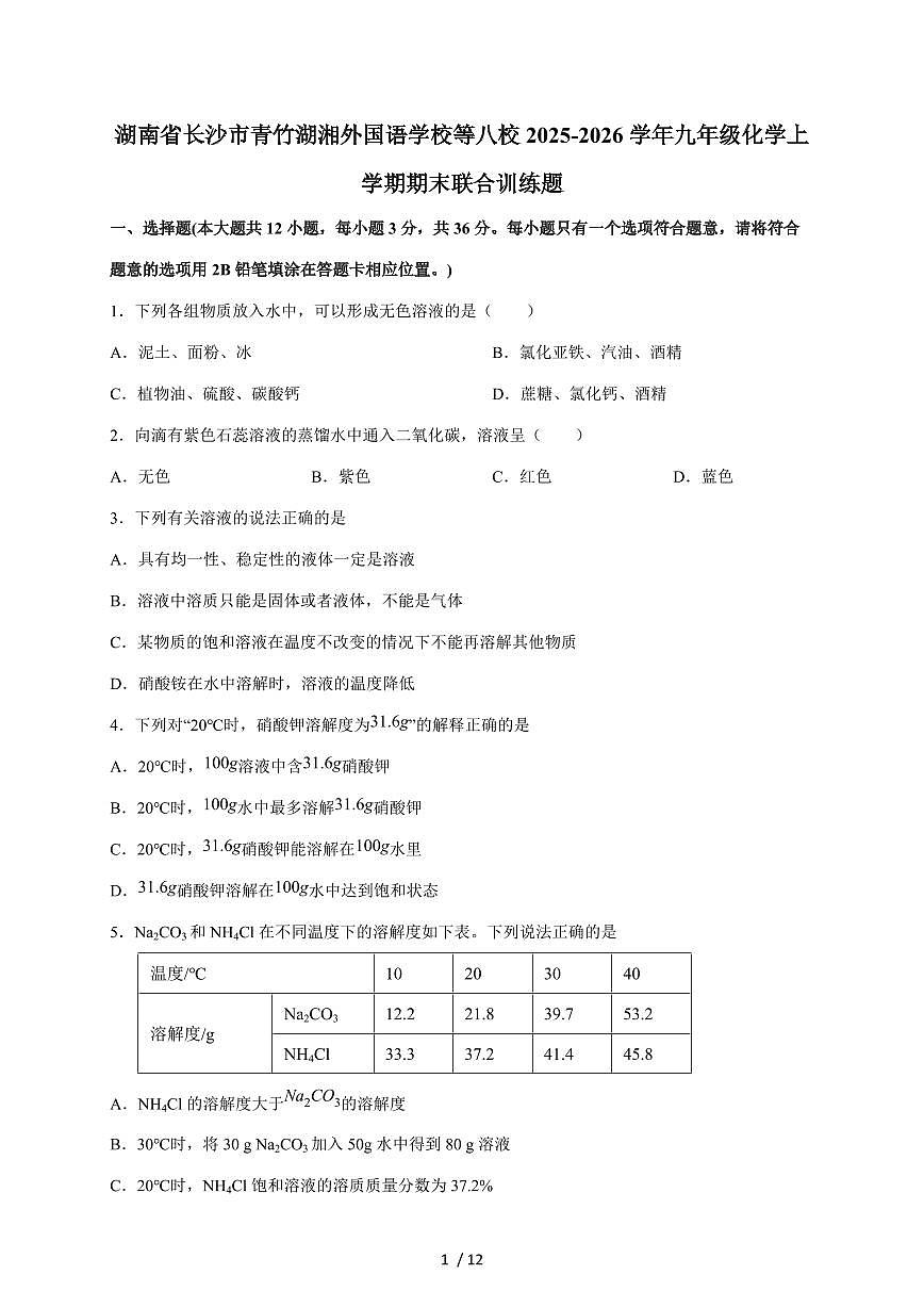湖南长沙市开福区青竹湖湘一外国语学校等八校2026届九年级上学期期末联合训练化学试题（含答案）第1页