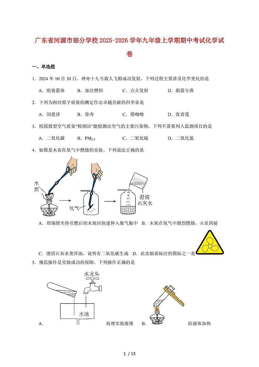 广东省河源市部分学校2026届九年级上学期期中考试化学试卷（附答案）第1页