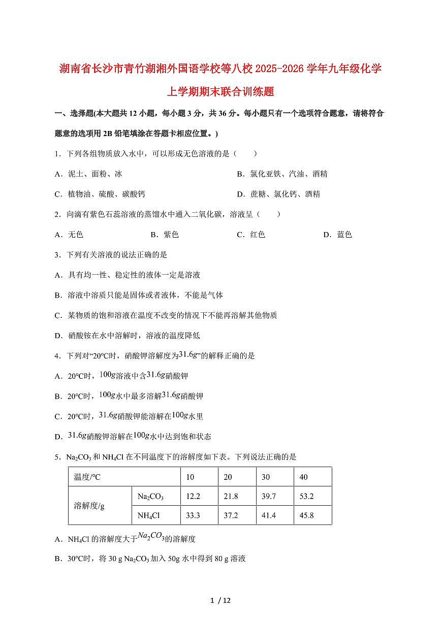 湖南长沙市开福区青竹湖湘一外国语学校等八校2026届九年级上学期期末联合训练化学试卷（附答案）第1页