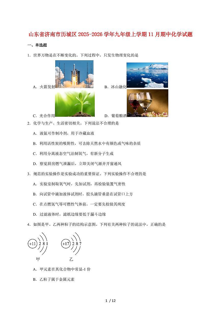 山东省济南市历城区2026届九年级上学期（11月）期中考试化学试卷（附答案）第1页
