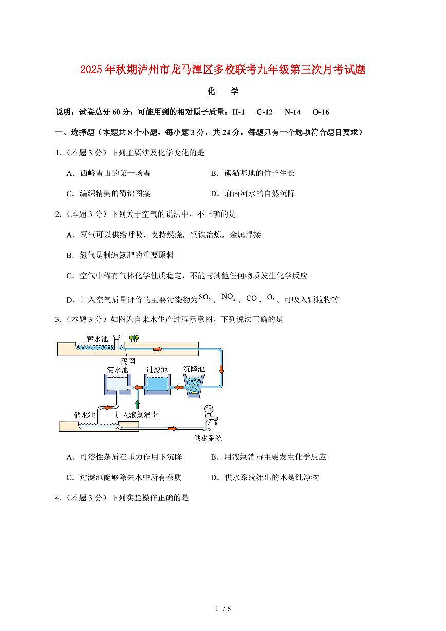 四川省泸州市龙马潭区多校2025_2026学年九年级上学期12月联考化学试卷（附答案）第1页