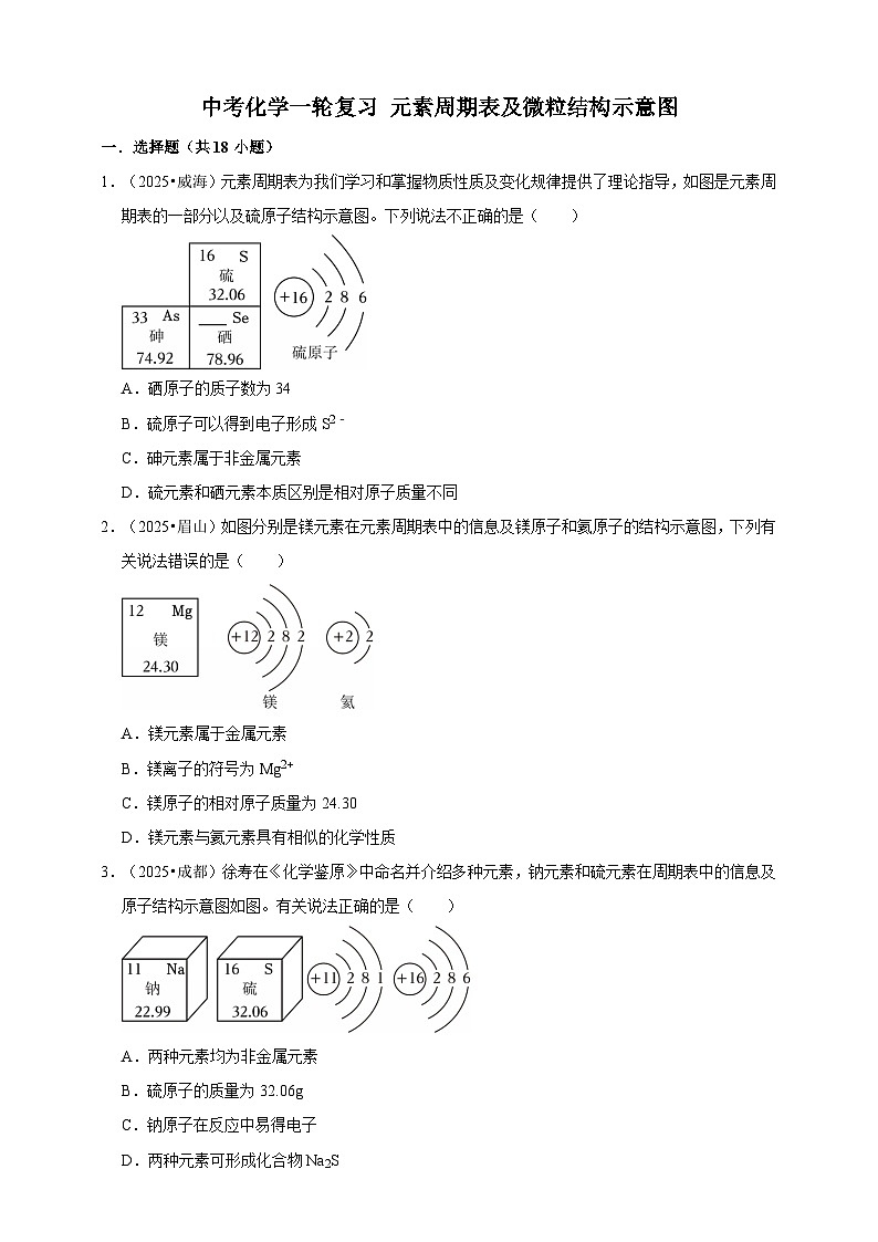 2026年中考化学一轮复习 元素周期表及微粒结构示意图练习（含解析）第1页