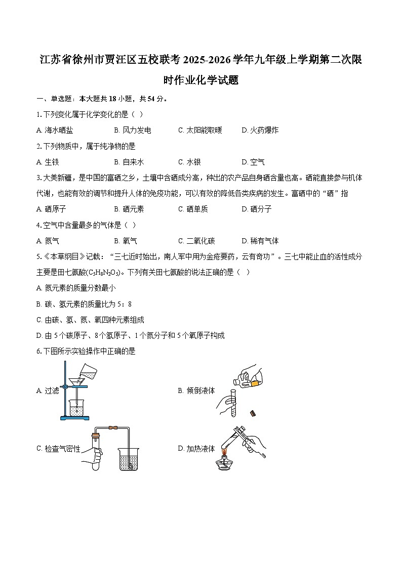 江苏省徐州市贾汪区五校联考2025-2026学年九年级上学期第二次限时作业化学试题-自定义类型第1页