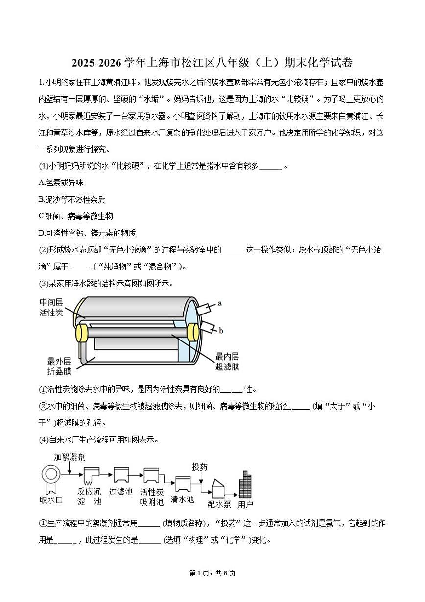 2025-2026学年上海市松江区八年级（上）期末化学试卷（含答案）第1页
