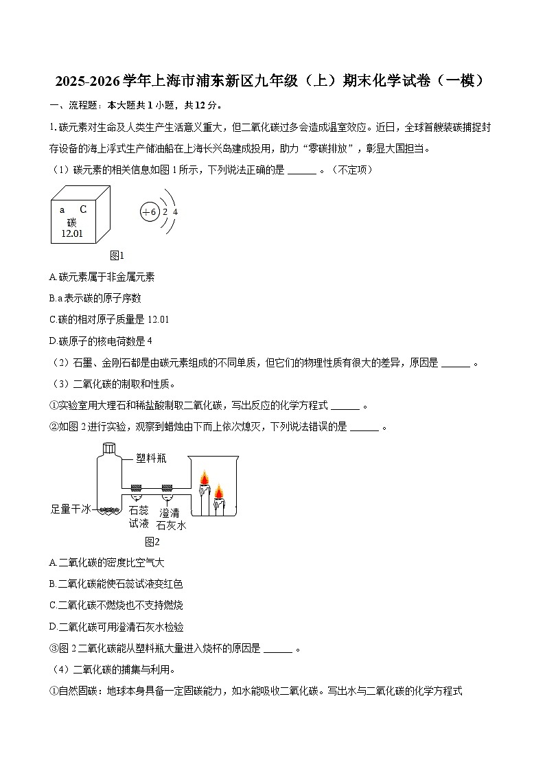 2025-2026学年上海市浦东新区九年级（上）期末化学试卷（一模）-自定义类型第1页