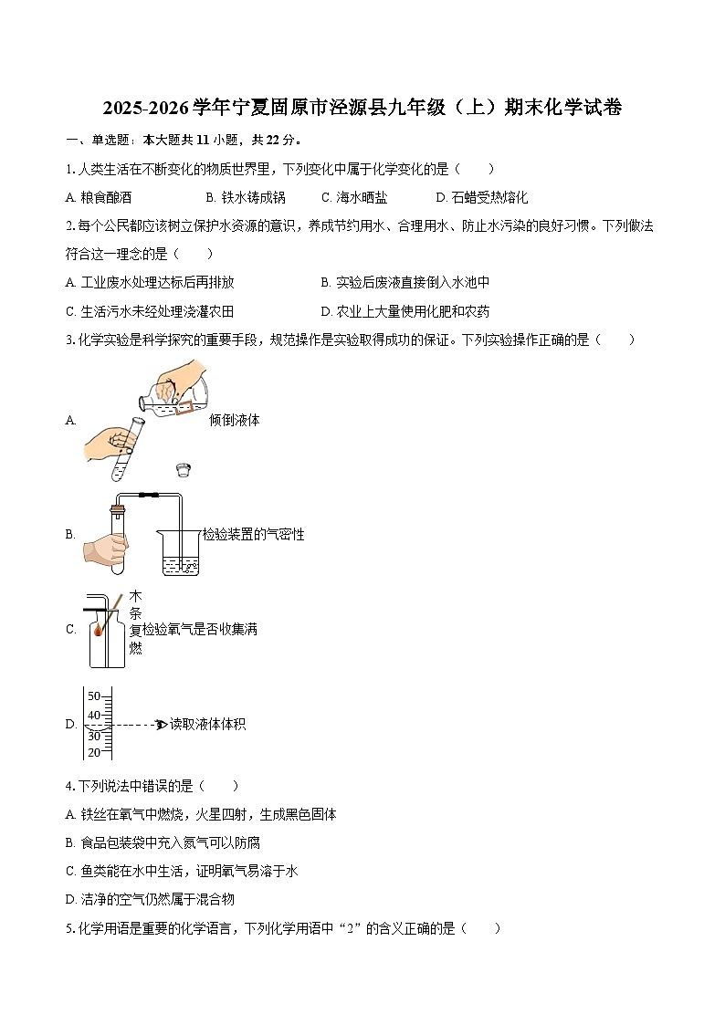 2025-2026学年宁夏固原市泾源县九年级（上）期末化学试卷-自定义类型第1页