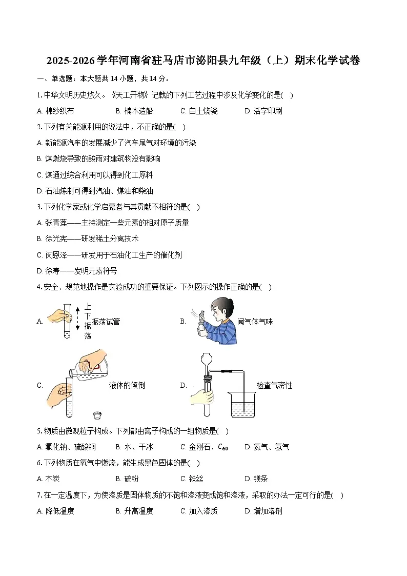 2025-2026学年河南省驻马店市泌阳县九年级（上）期末化学试卷（含答案）第1页