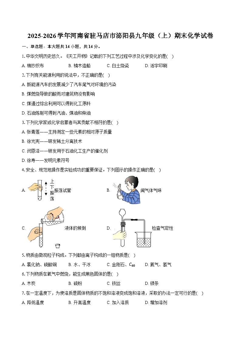 2025-2026学年河南省驻马店市泌阳县九年级（上）期末化学试卷（含答案）第1页