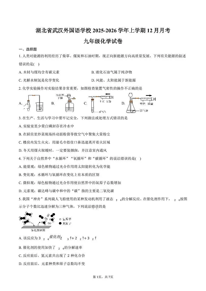 湖北省武汉外国语学校2025-2026学年上学期12月月考九年级化学试卷（含答案）第1页