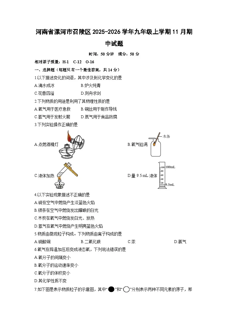 2025-2026学年河南省漯河市召陵区九年级上学期11月期中化学试卷（学生版）第1页