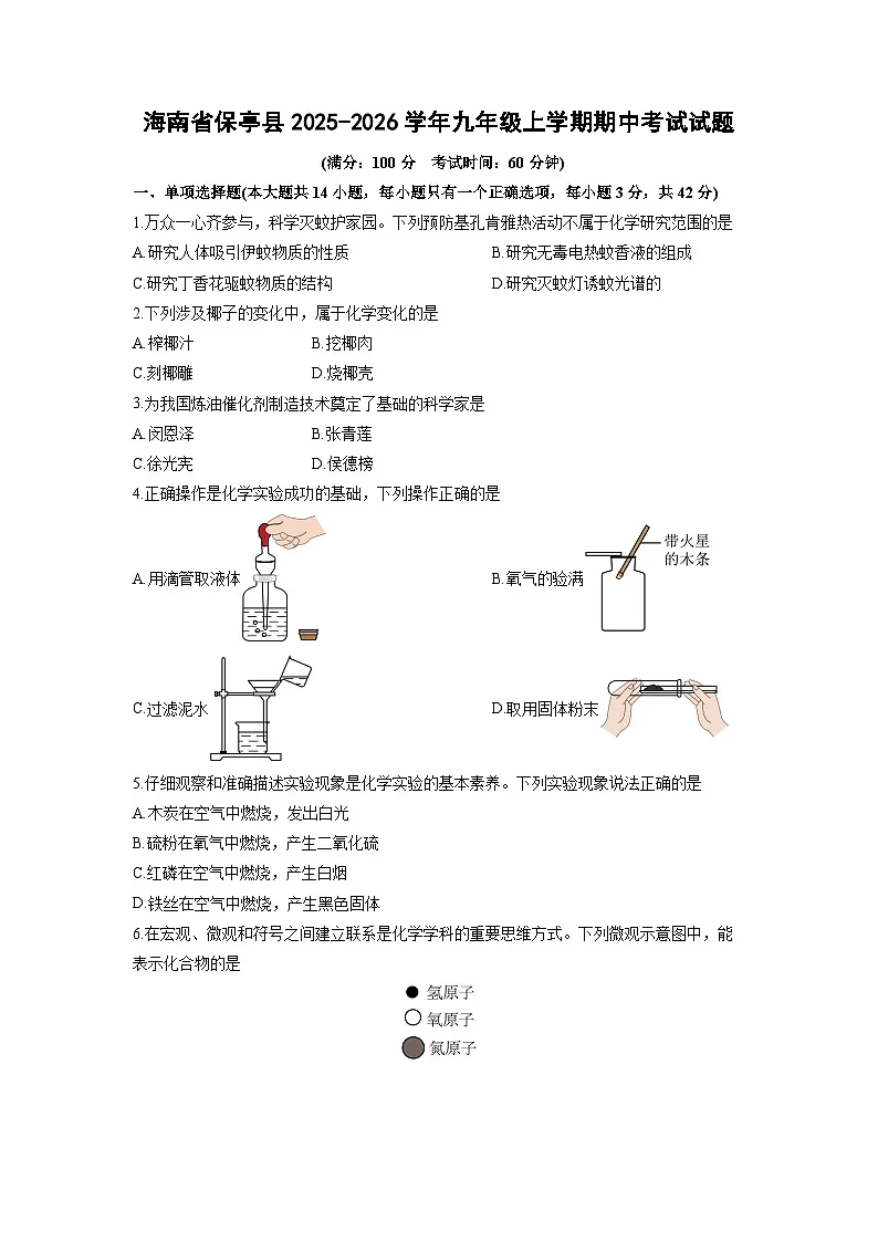 2025-2026学年海南省保亭县九年级上学期期中考试化学试卷（学生版）第1页