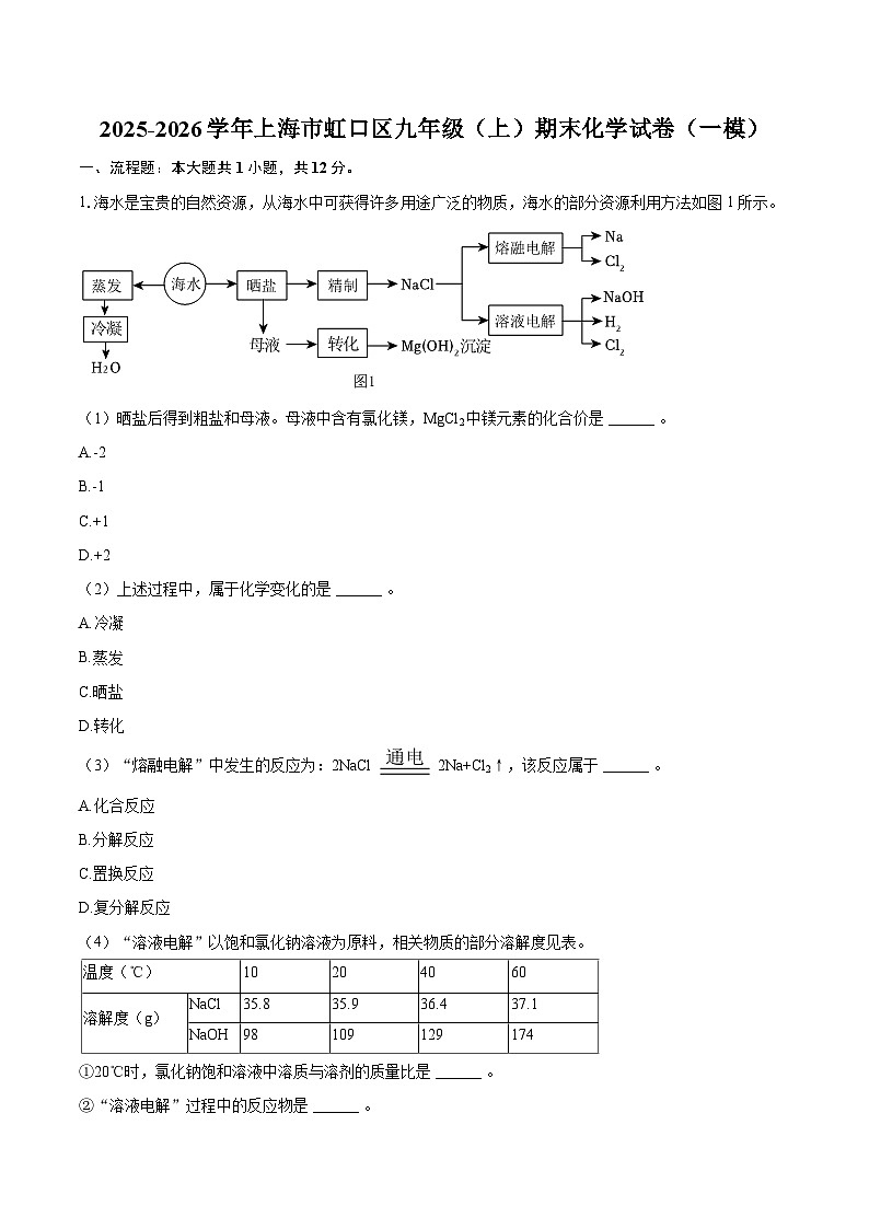 2025-2026学年上海市虹口区九年级（上）期末化学试卷（一模）-自定义类型第1页